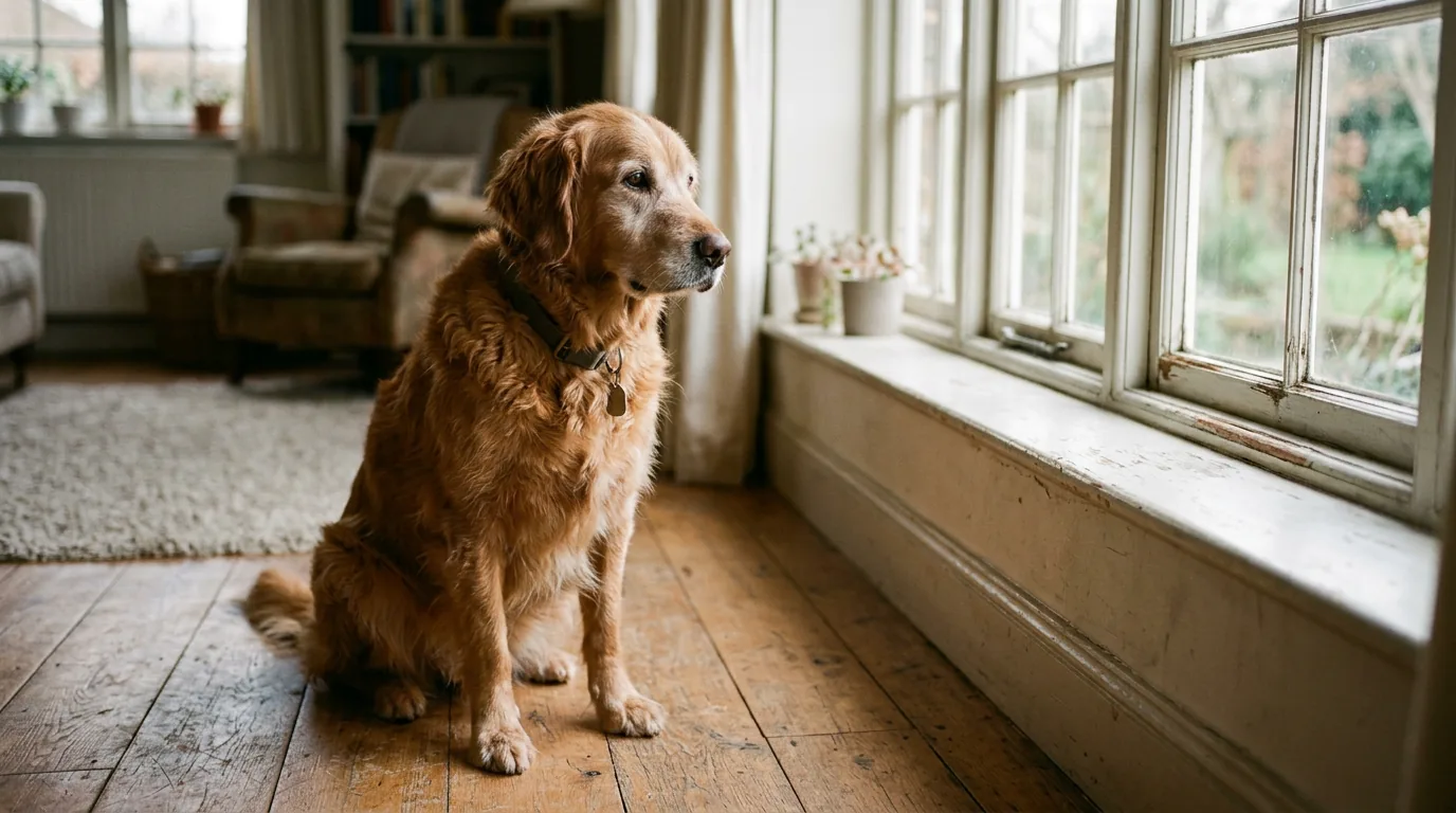 A golden retriever sits in the soft window light of a wood-floored room
